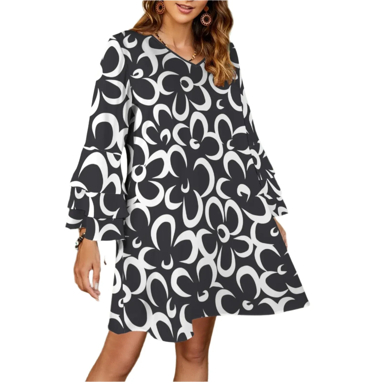 70s Style Black Floral Bell Sleeve Dress | Retro V-Neck Boho Mini Dress with Bell Sleeves