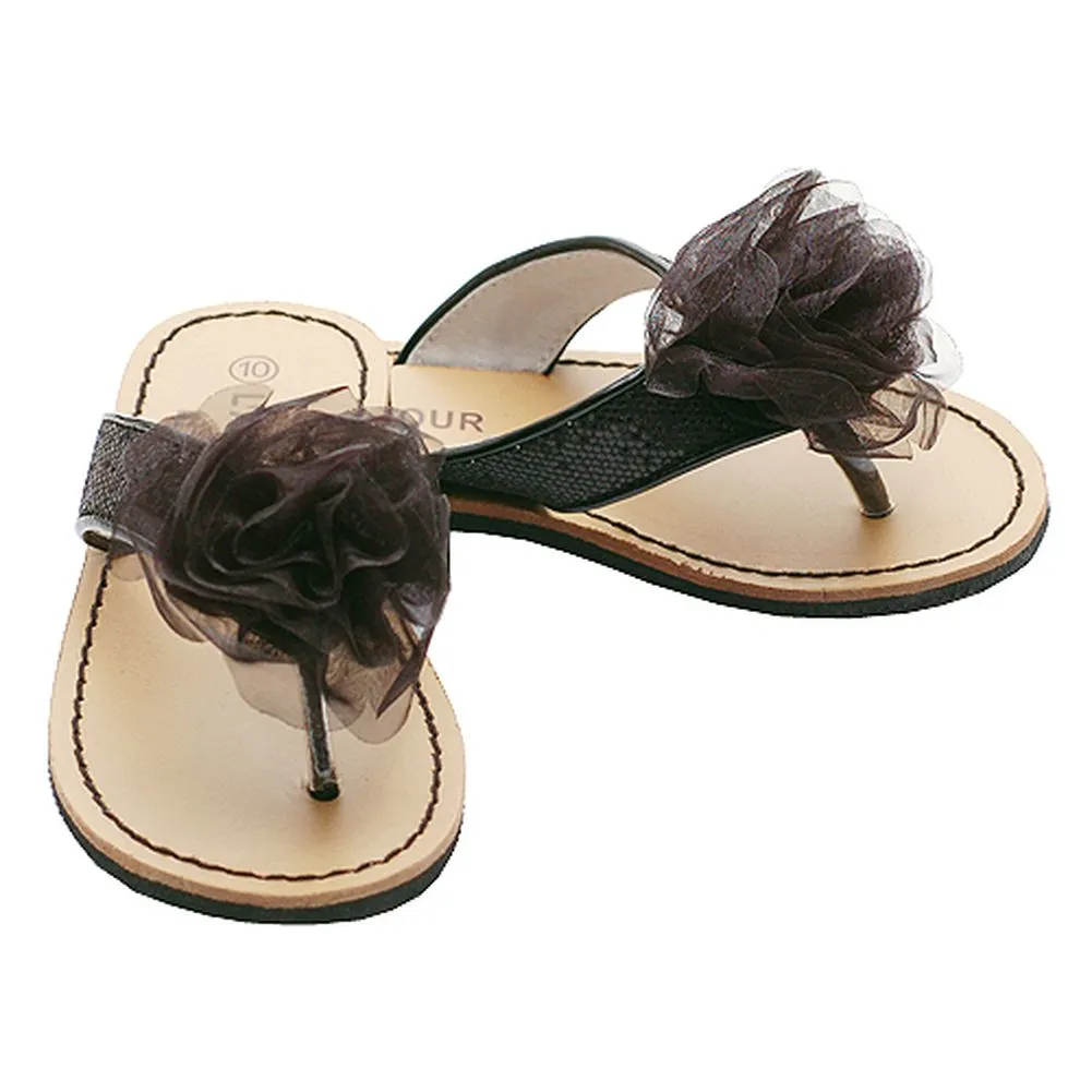 Black Flower Flip Flop Spring Sandals Shoes Toddler Little Girls 7-4