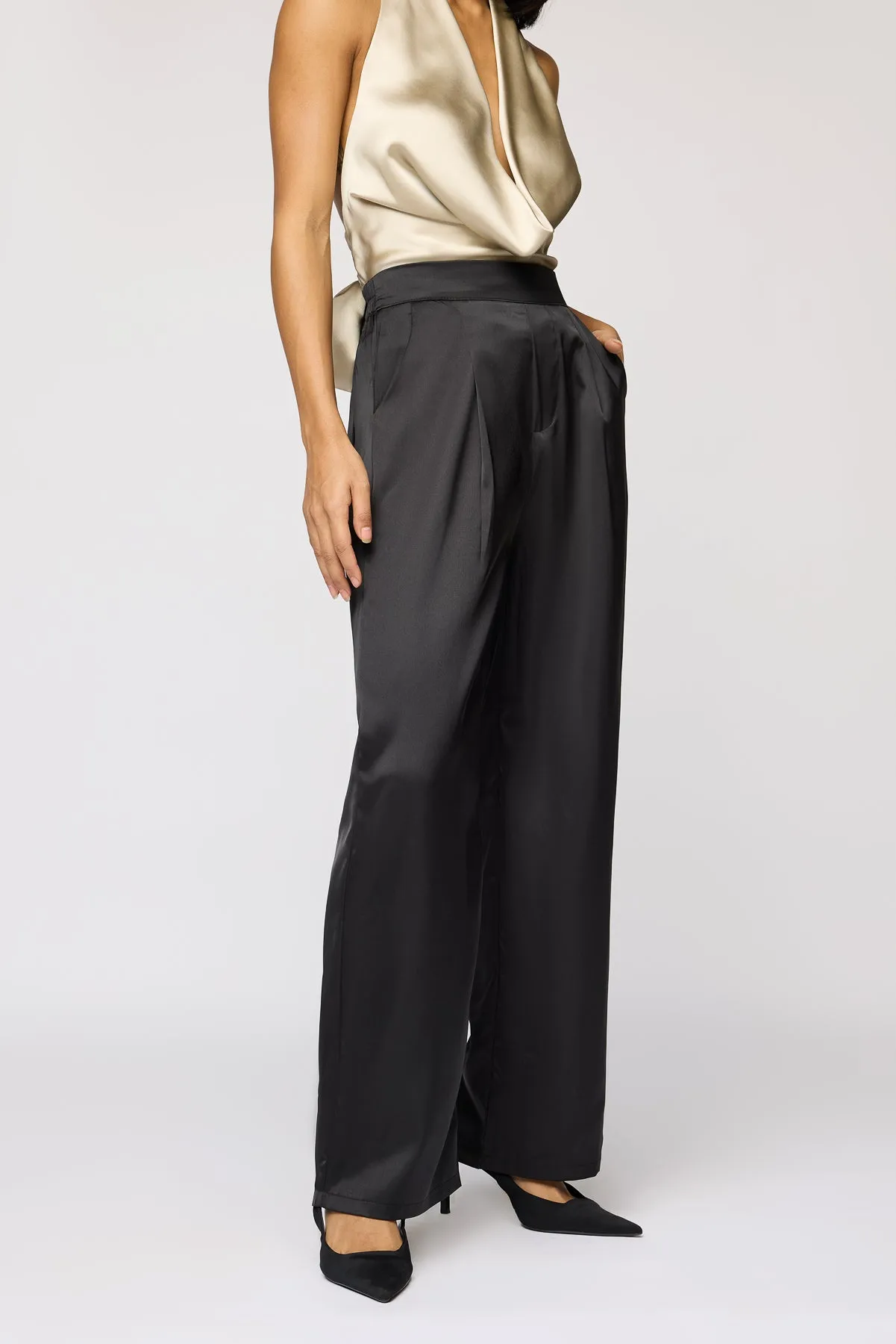 Black Iris Satin Straight Korean Pants