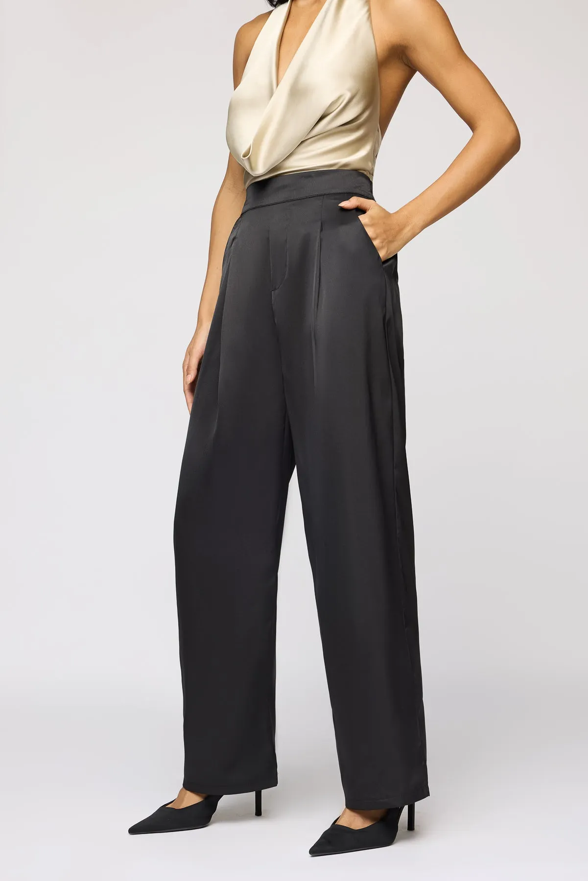 Black Iris Satin Straight Korean Pants