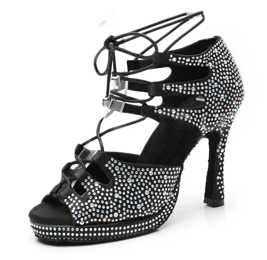 Black Satin Rhinestone Samba Platform Dance Heels