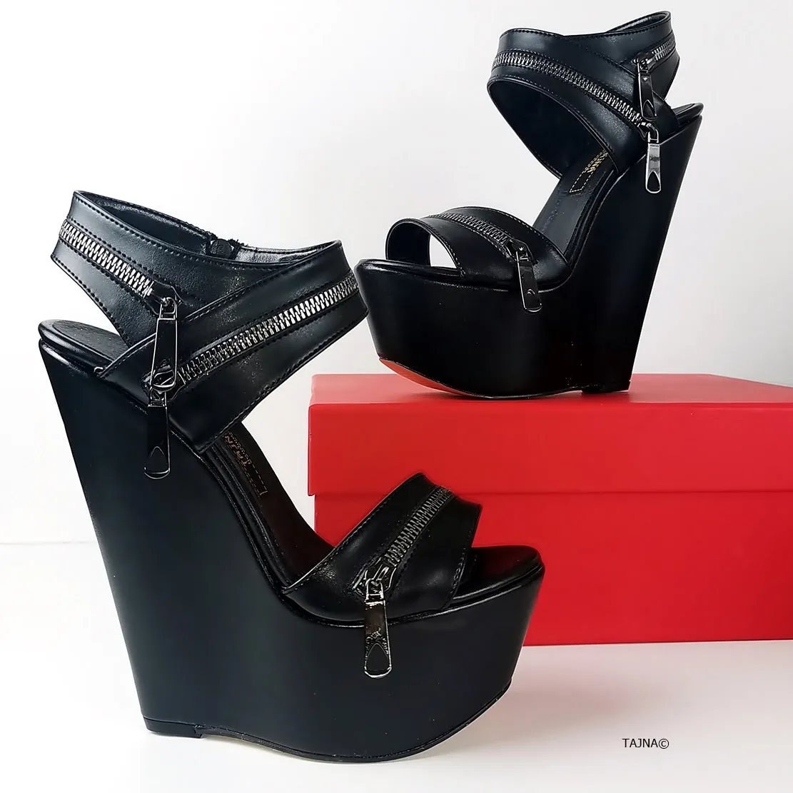 Black Zipper High Heel Wedge Sandals