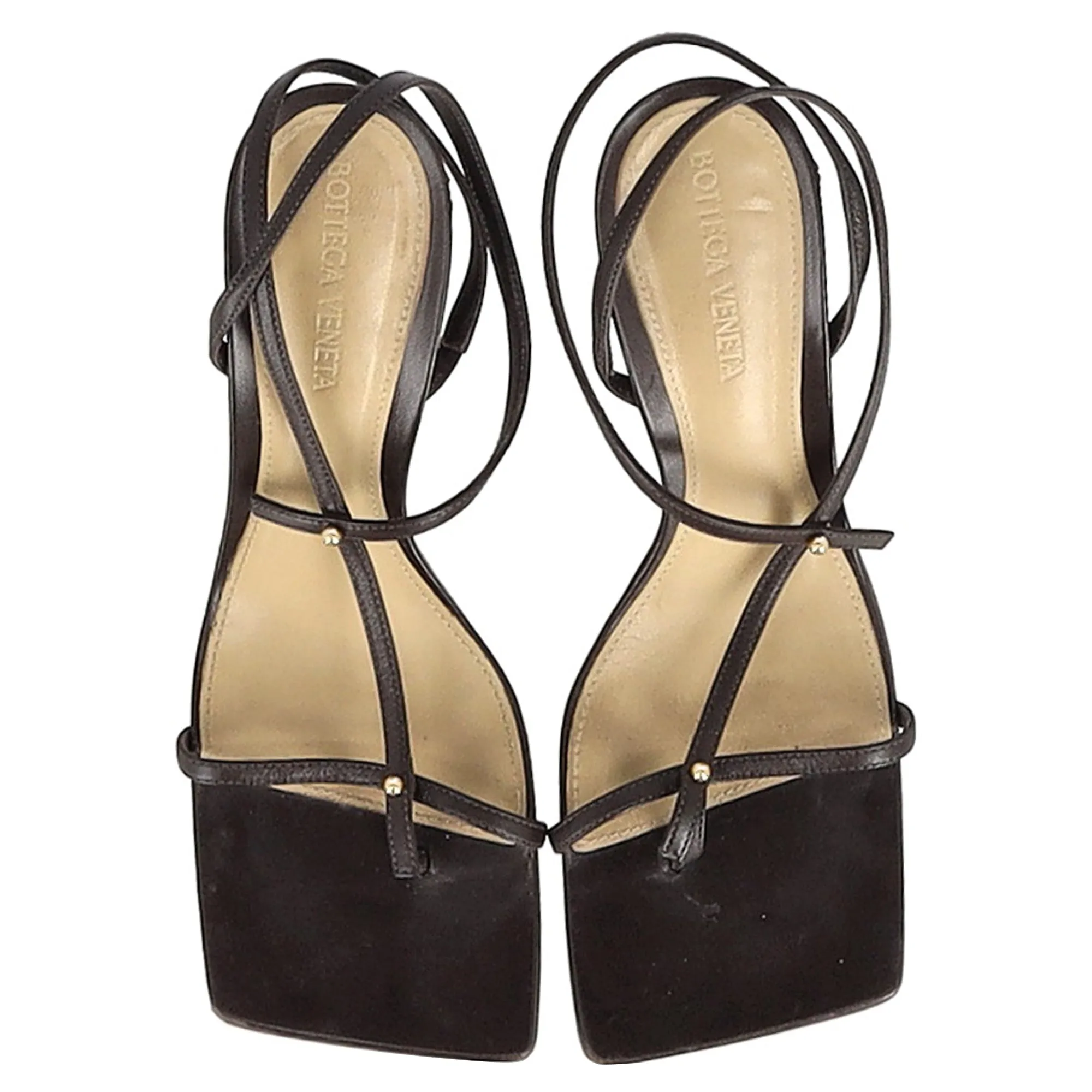 Bottega Veneta Stretch Studded Strappy Sandal Heels in Brown Lambskin Leather