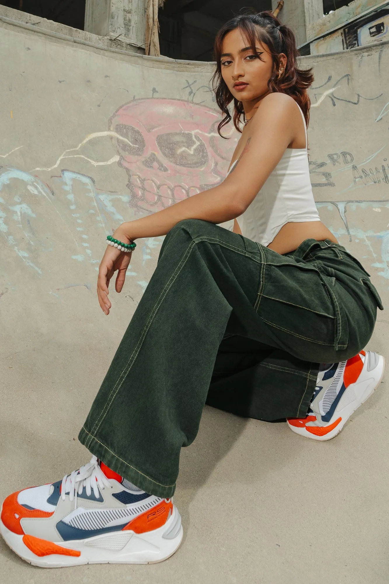 Contrast Stitch Green Cargo Pants