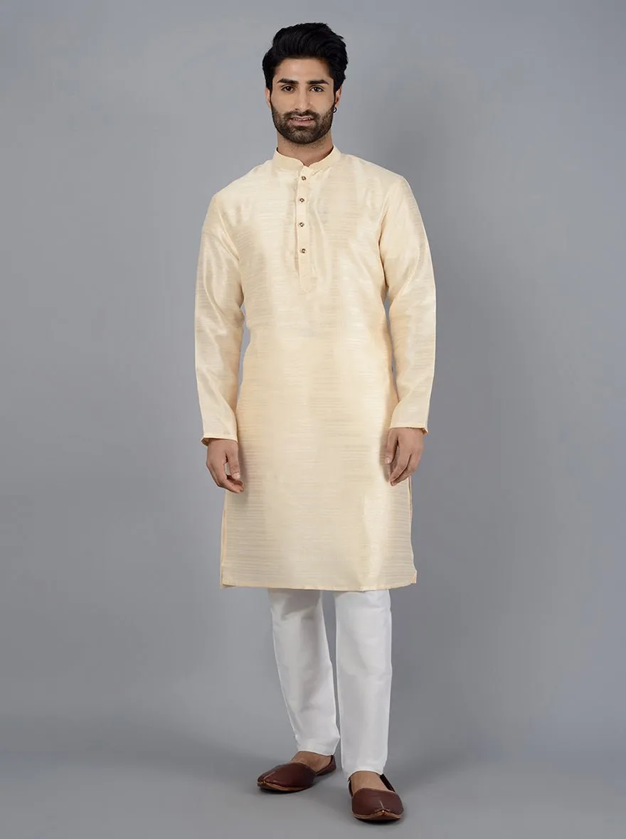 Cream Self Textured Silk Blend Kurta for Men