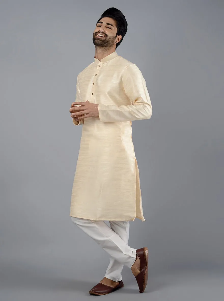 Cream Self Textured Silk Blend Kurta for Men