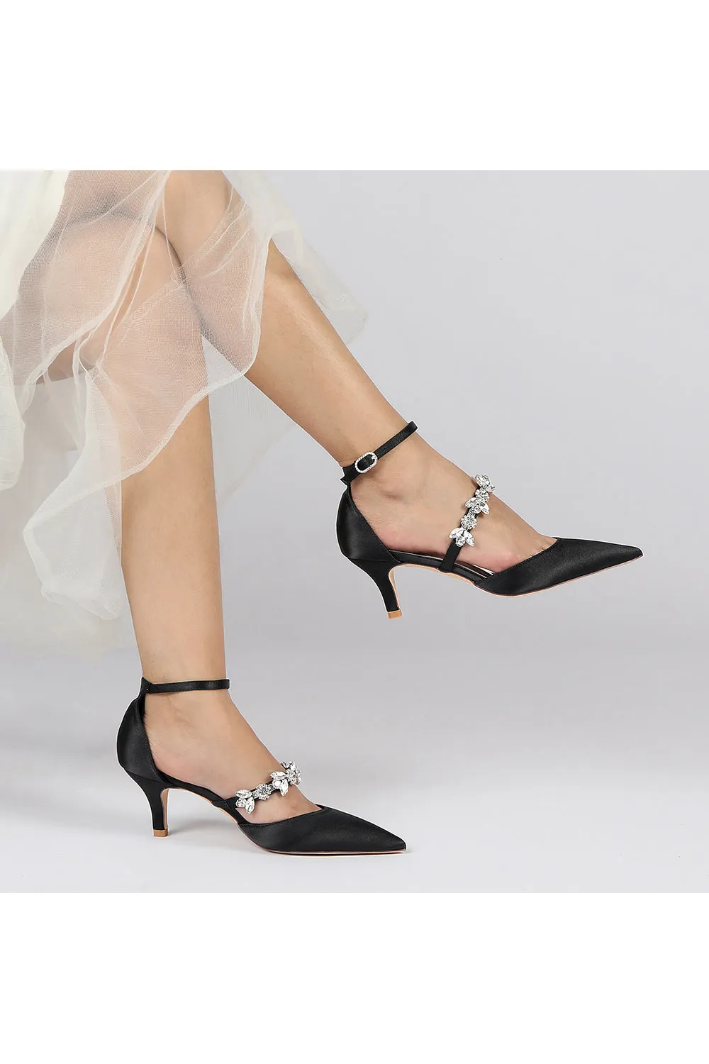 Crystal Strap Pointed Toe Satin Kitten Heels