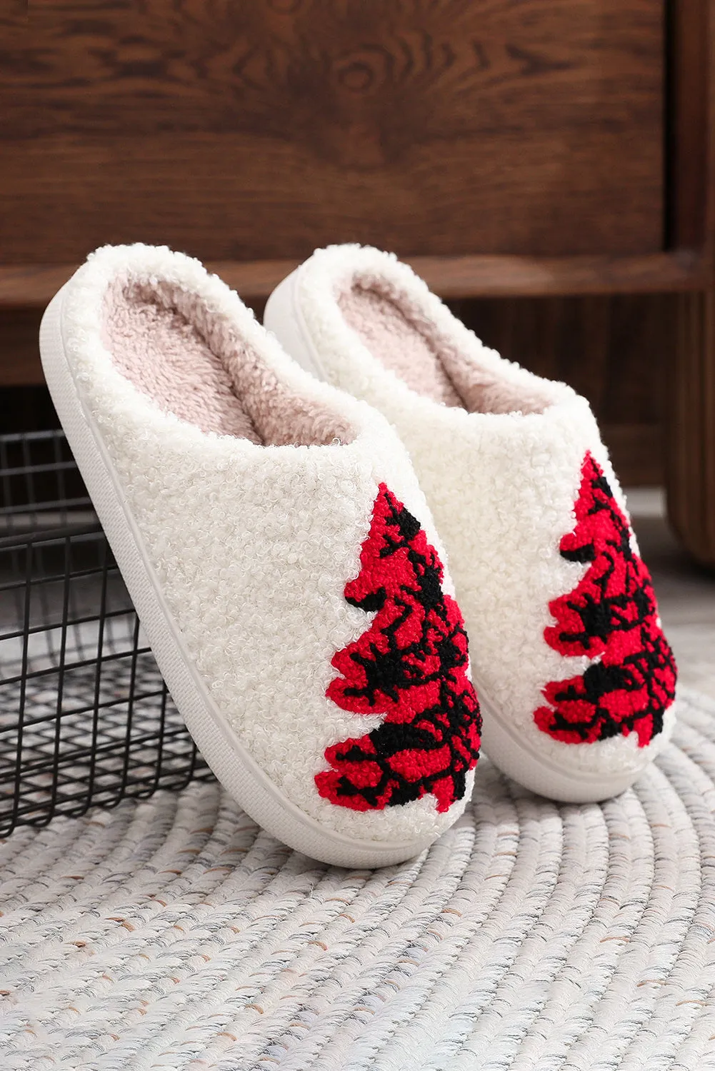 Fluffy Slippers For Women Christmas Tree Slip-on House Slippers for Indoor and Outdoor