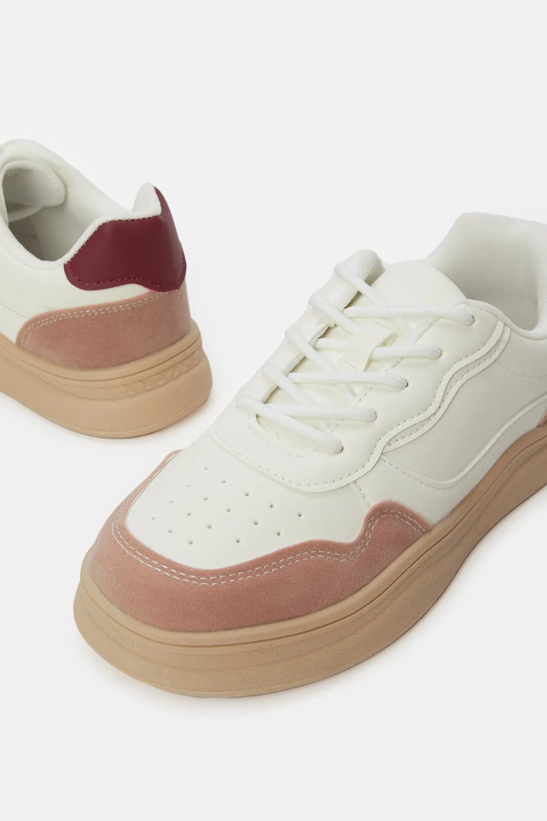 Girls Cream Lace-Up Sneakers