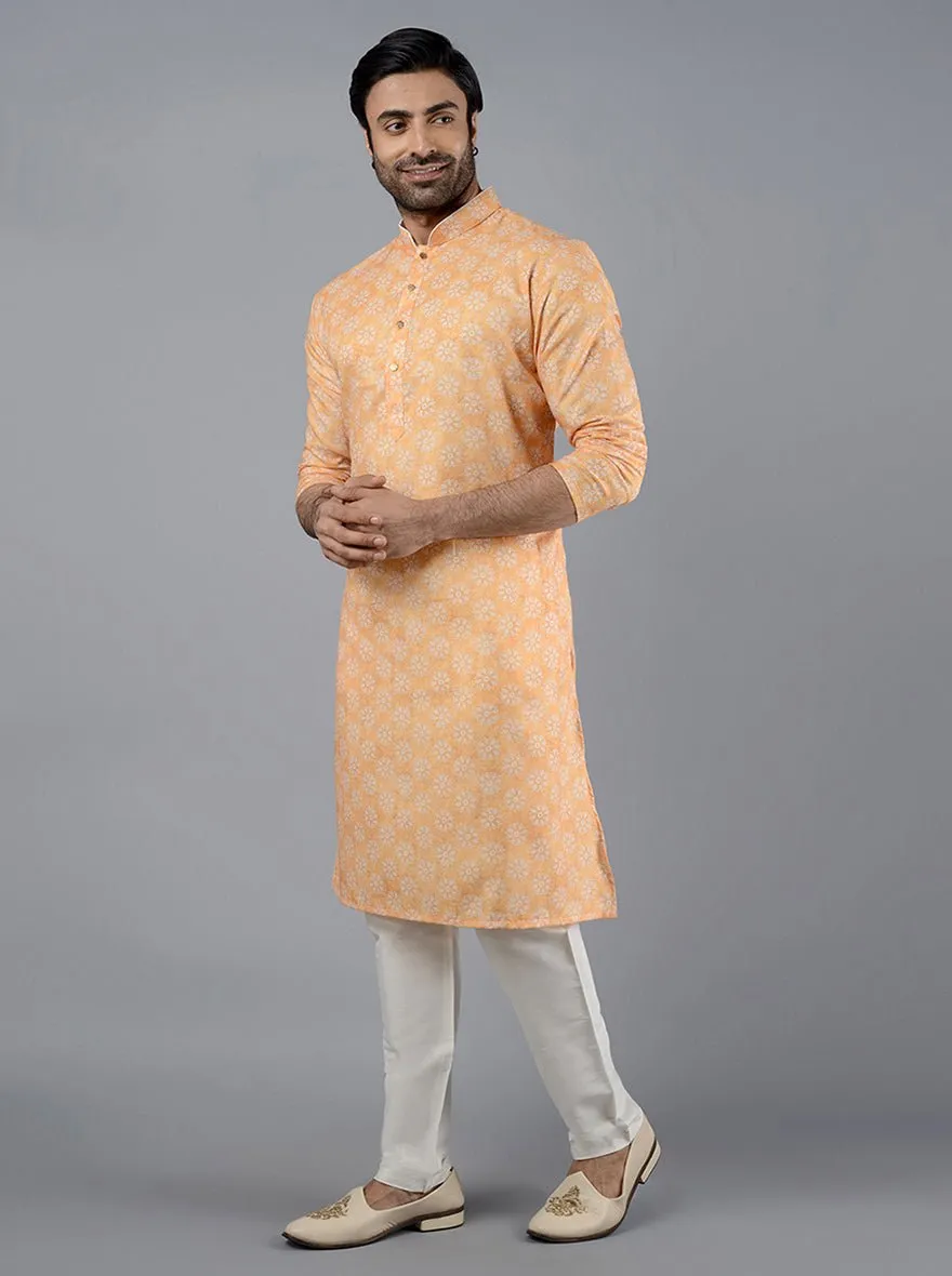 Haldi Yellow Printed Cotton Silk Blend Kurta for Men