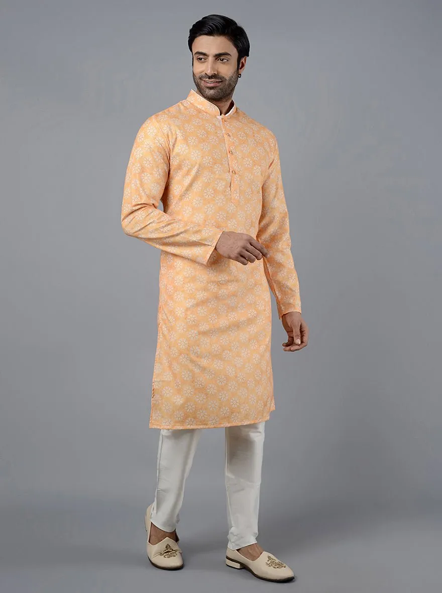 Haldi Yellow Printed Cotton Silk Blend Kurta for Men