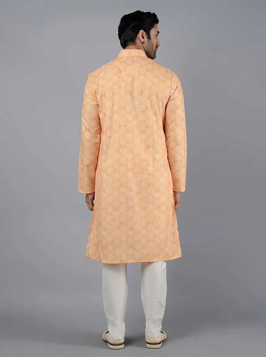 Haldi Yellow Printed Cotton Silk Blend Kurta for Men