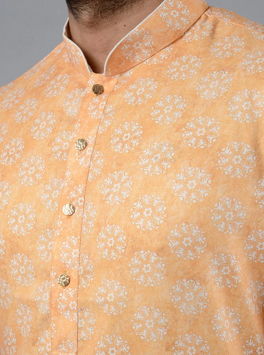 Haldi Yellow Printed Cotton Silk Blend Kurta for Men