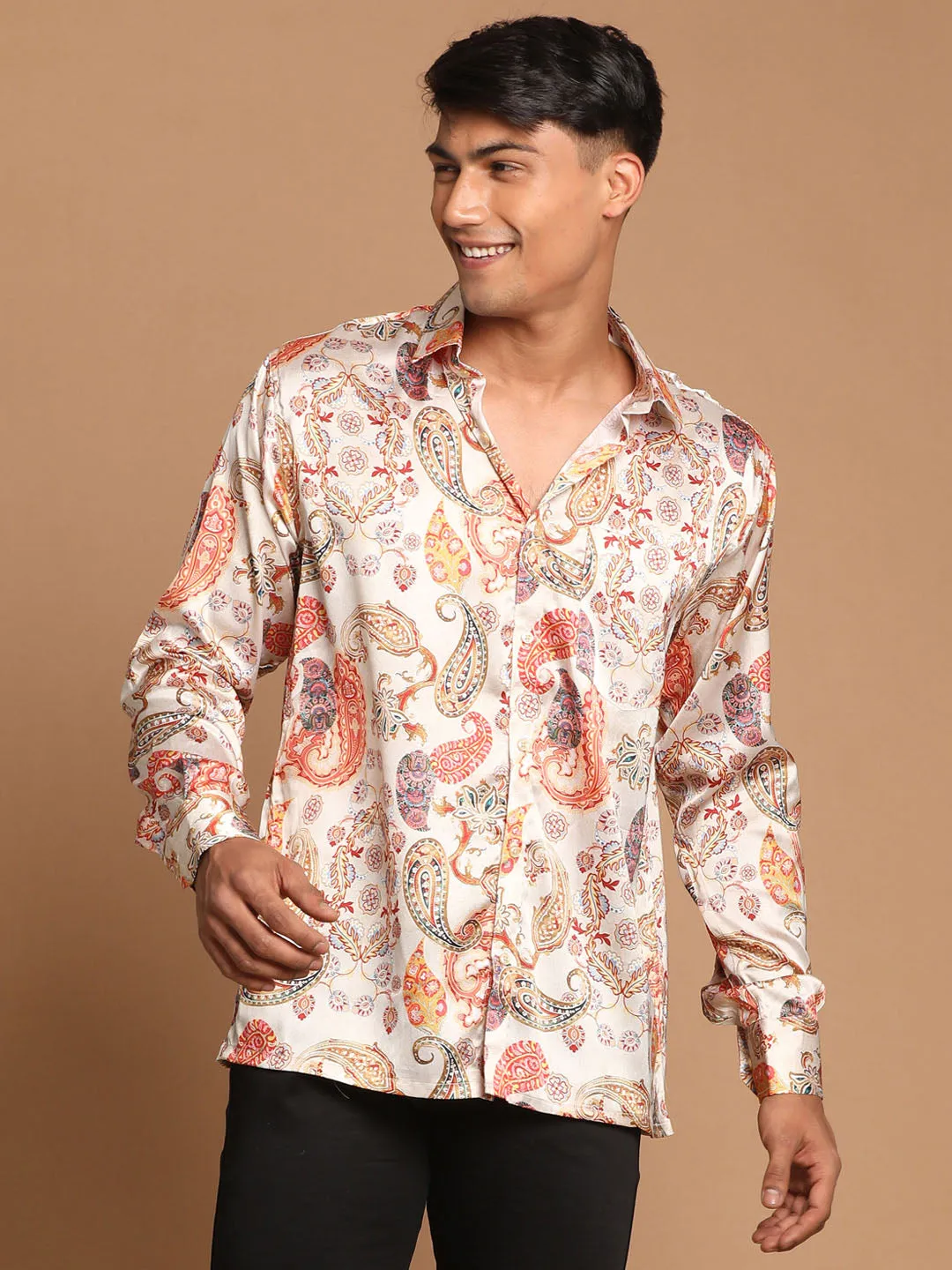 Jashvi Men's Beige Cotton Silk Blend Printed Shirt