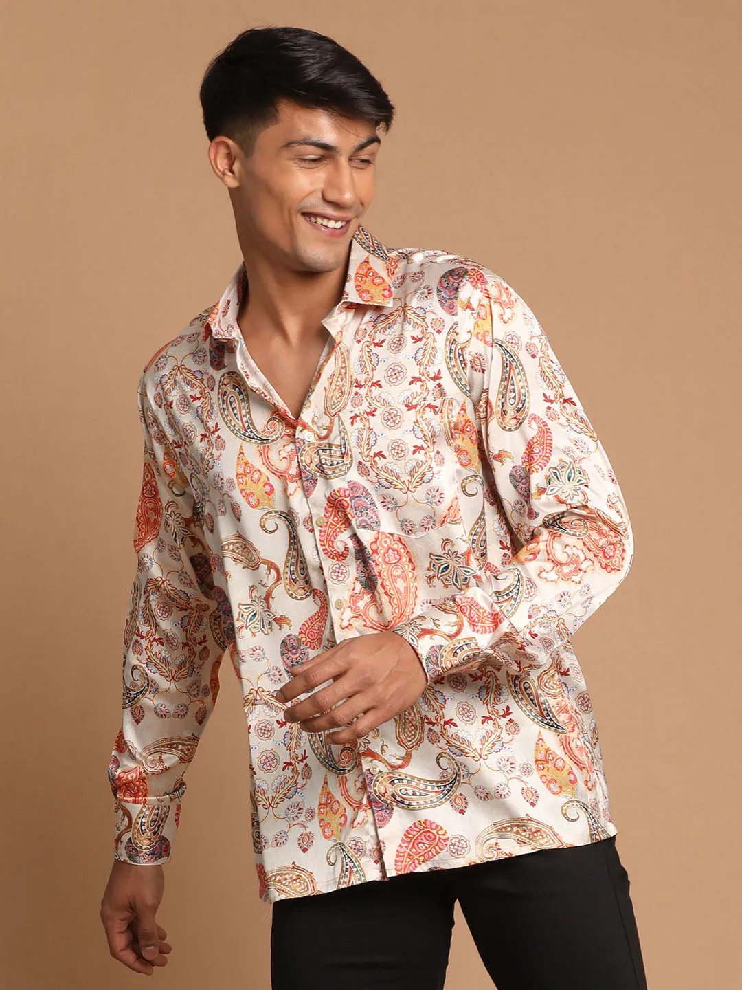 Jashvi Men's Beige Cotton Silk Blend Printed Shirt