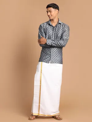 Jashvi Men's Gray Silk Blend Printed Shirt And Mundu Set