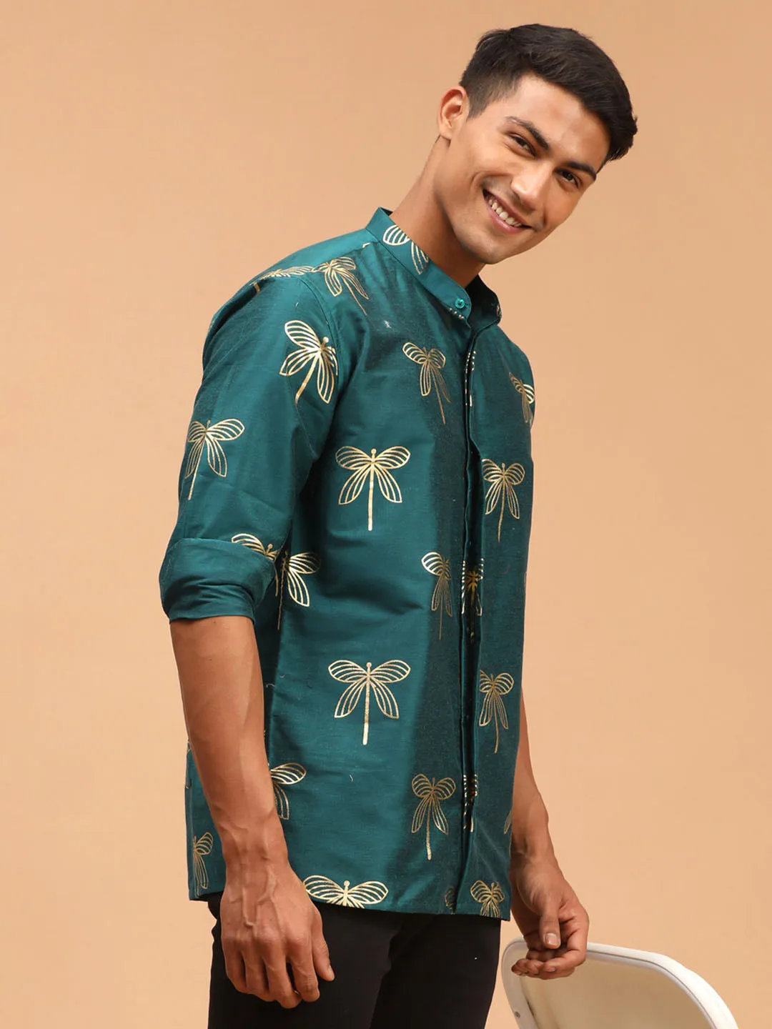 Jashvi Men's Green Foil Print Shirt