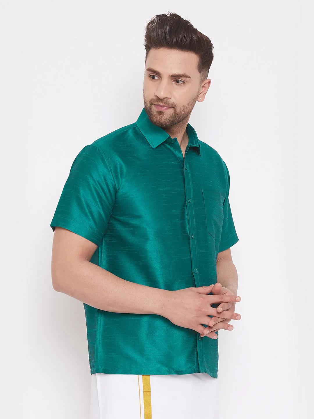 Jashvi Men's Green Silk Blend Ethnic Shirt