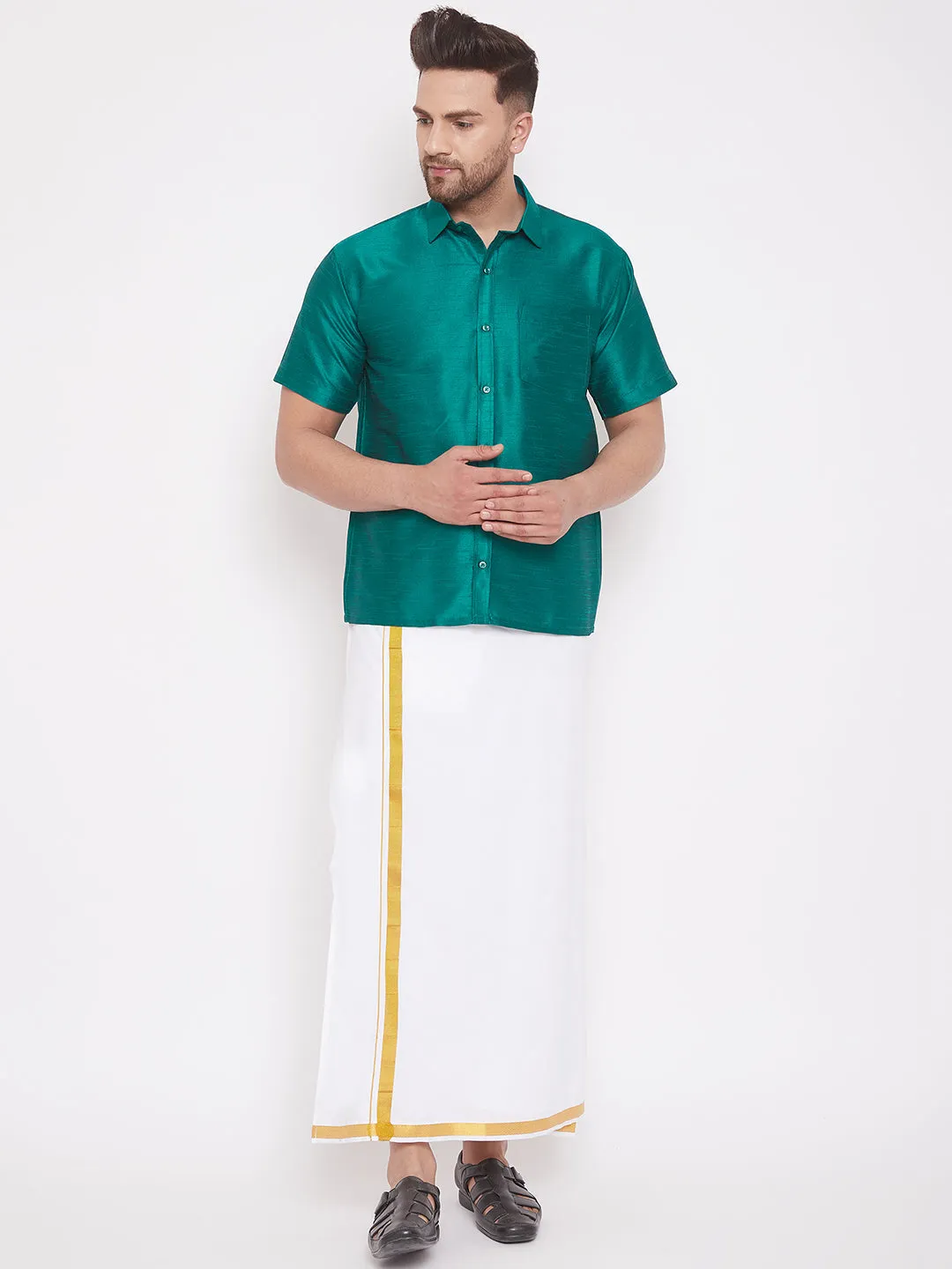 Jashvi Men's Green Silk Blend Ethnic Shirt