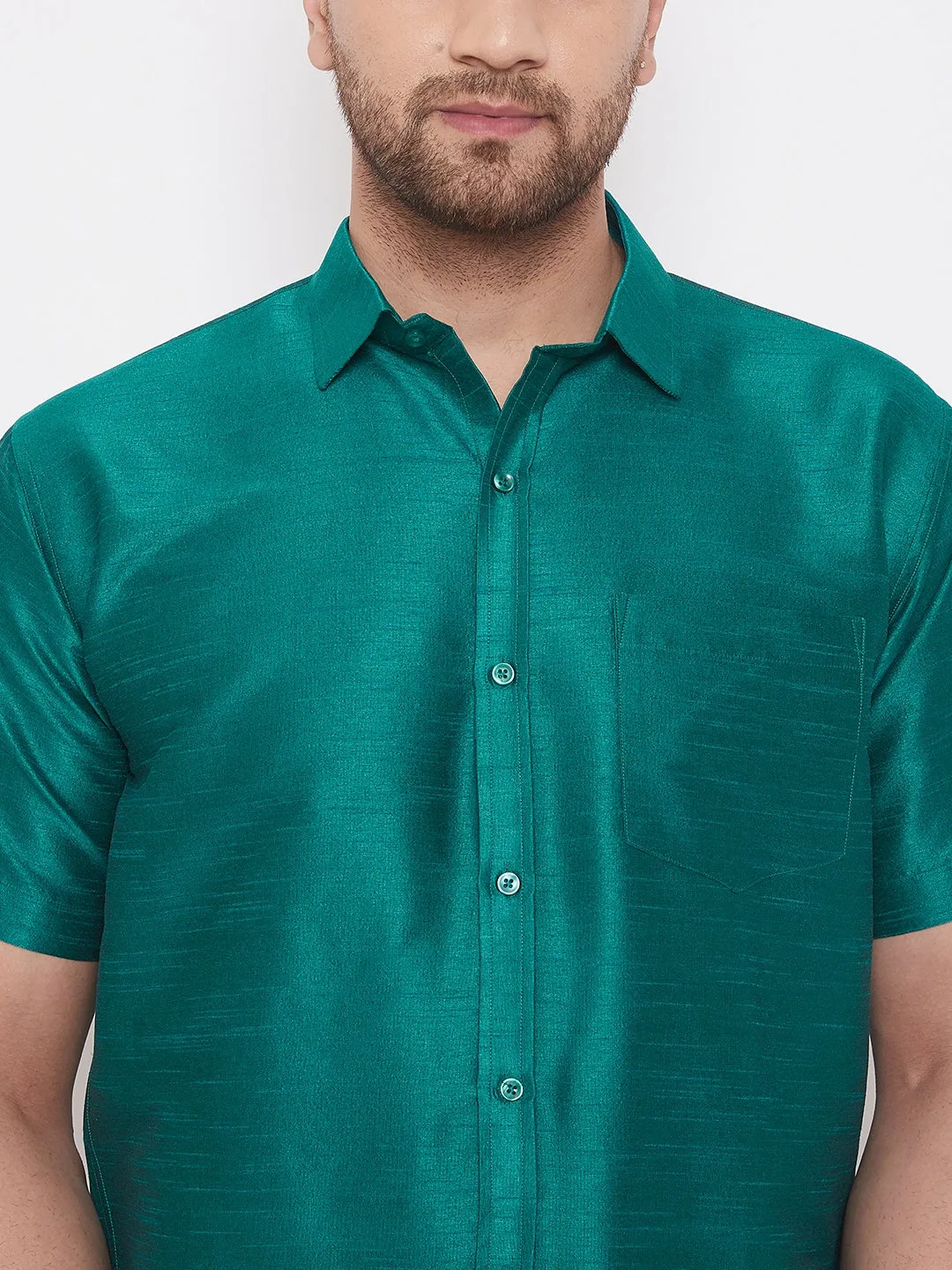 Jashvi Men's Green Silk Blend Ethnic Shirt