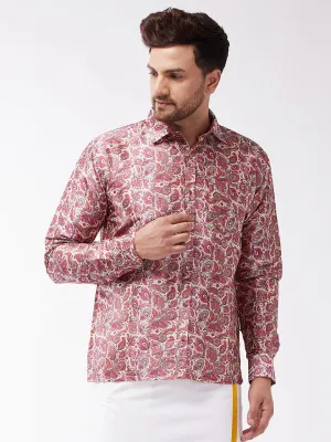 Jashvi Men's Multicolour-Base-Pink Silk Blend Ethnic Shirt