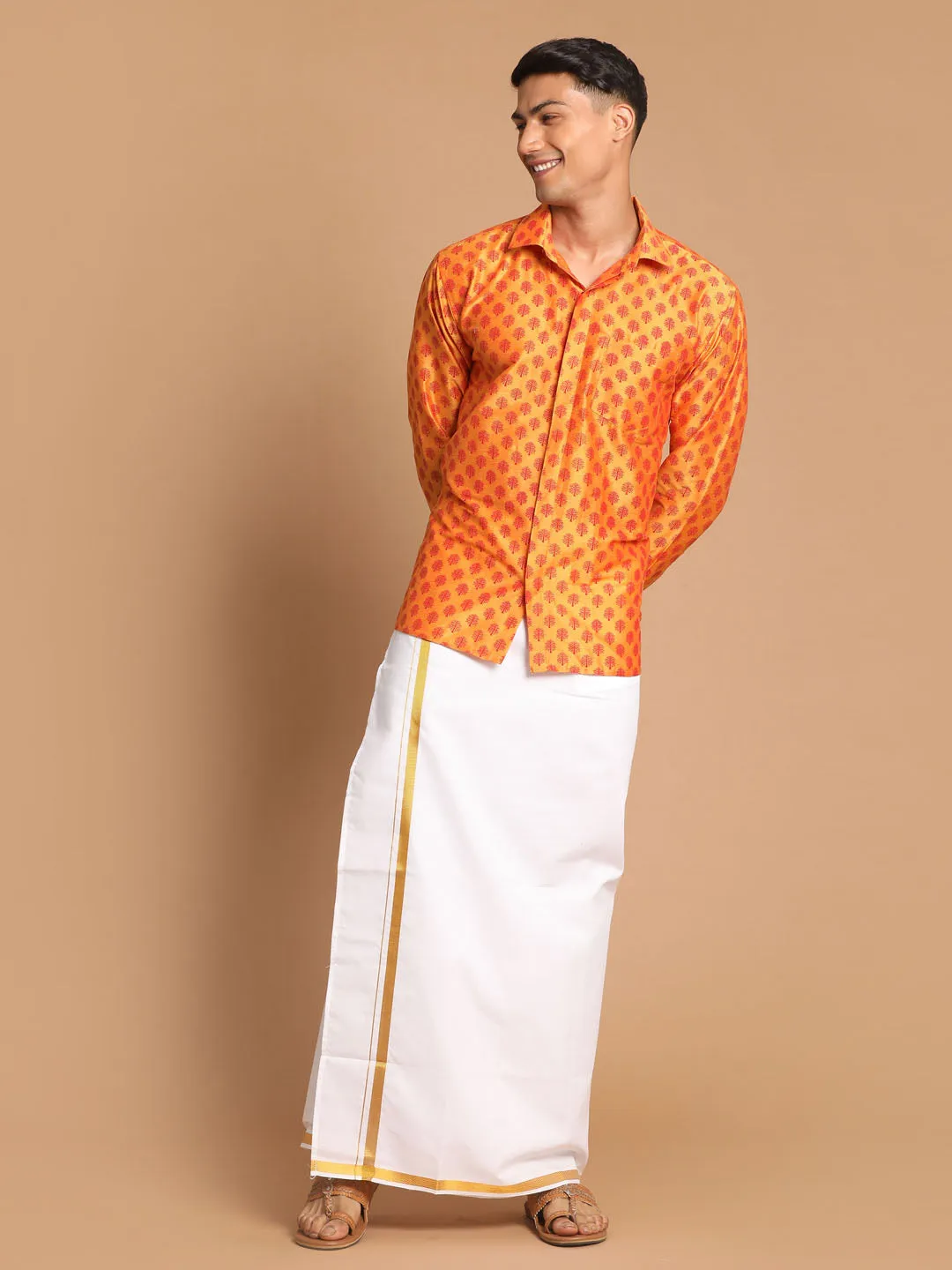 Jashvi Men's Orange Silk Blend Printed Shirt And Mundu Set