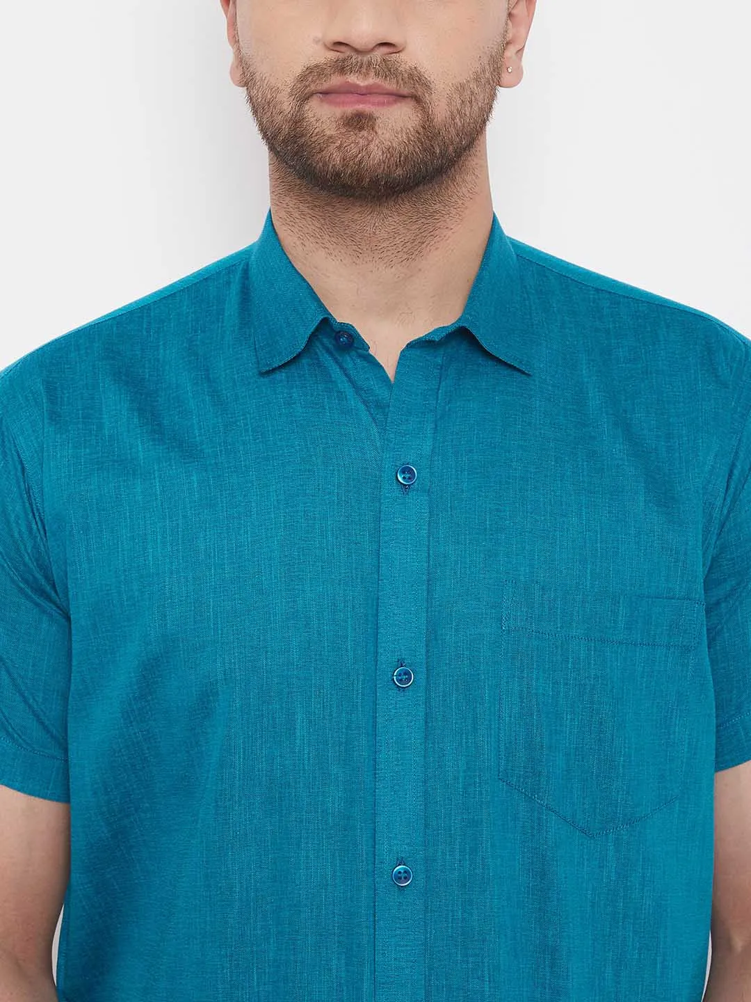 Jashvi Men's Turquoise Cotton Blend Ethnic Shirt