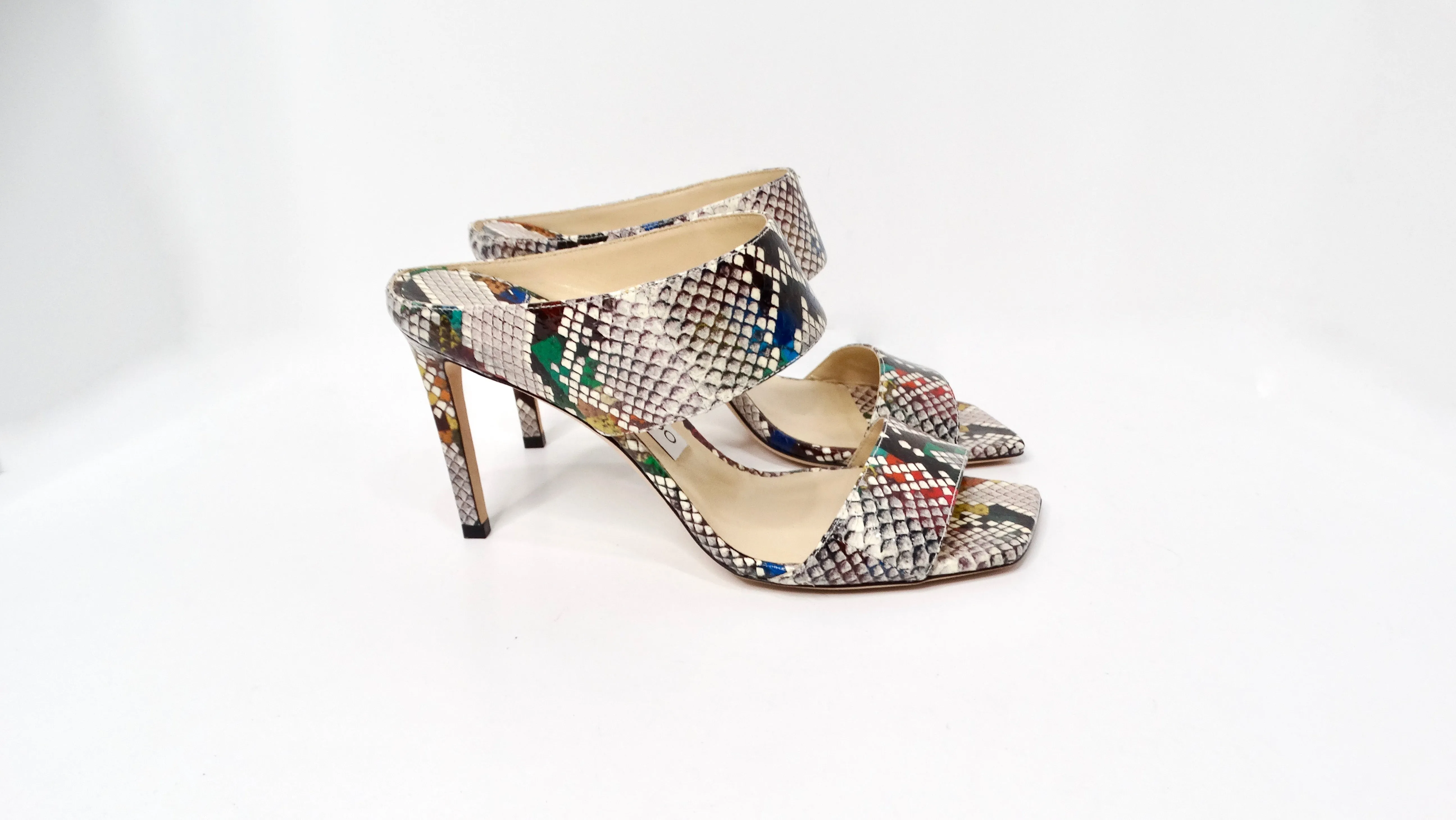 Jimmy Choo Hira Multicolor Snake Print Slide Heel Sandals