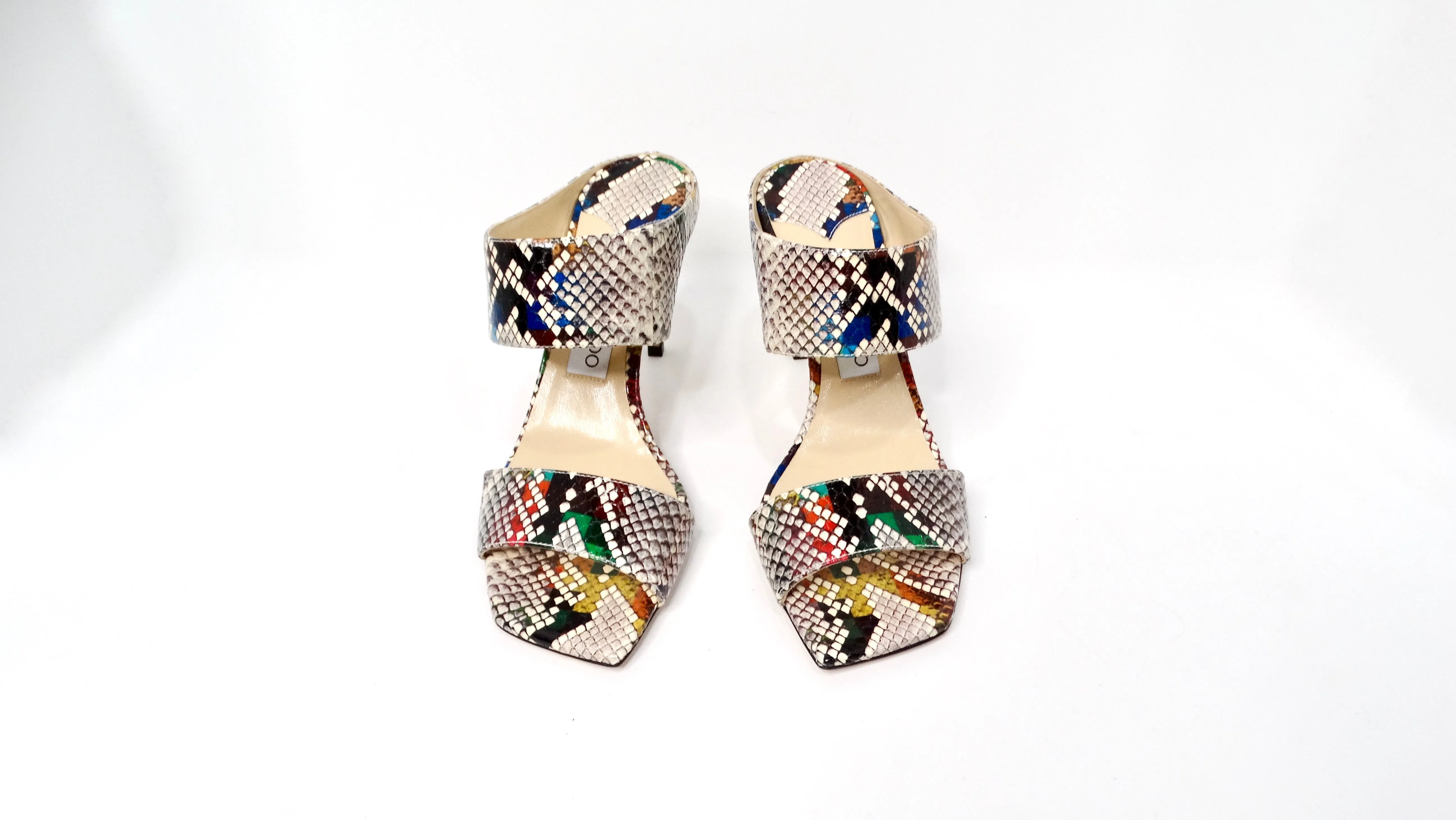 Jimmy Choo Hira Multicolor Snake Print Slide Heel Sandals