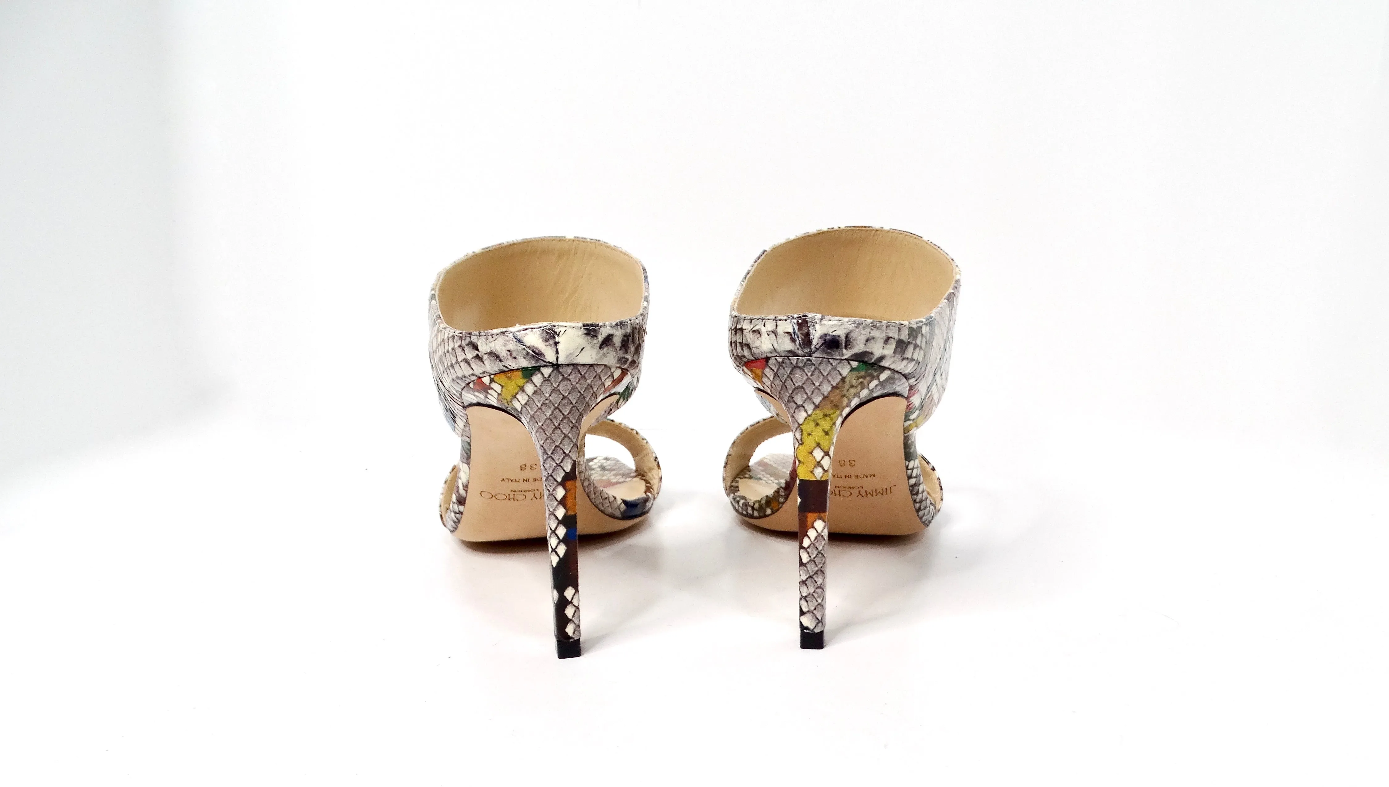 Jimmy Choo Hira Multicolor Snake Print Slide Heel Sandals