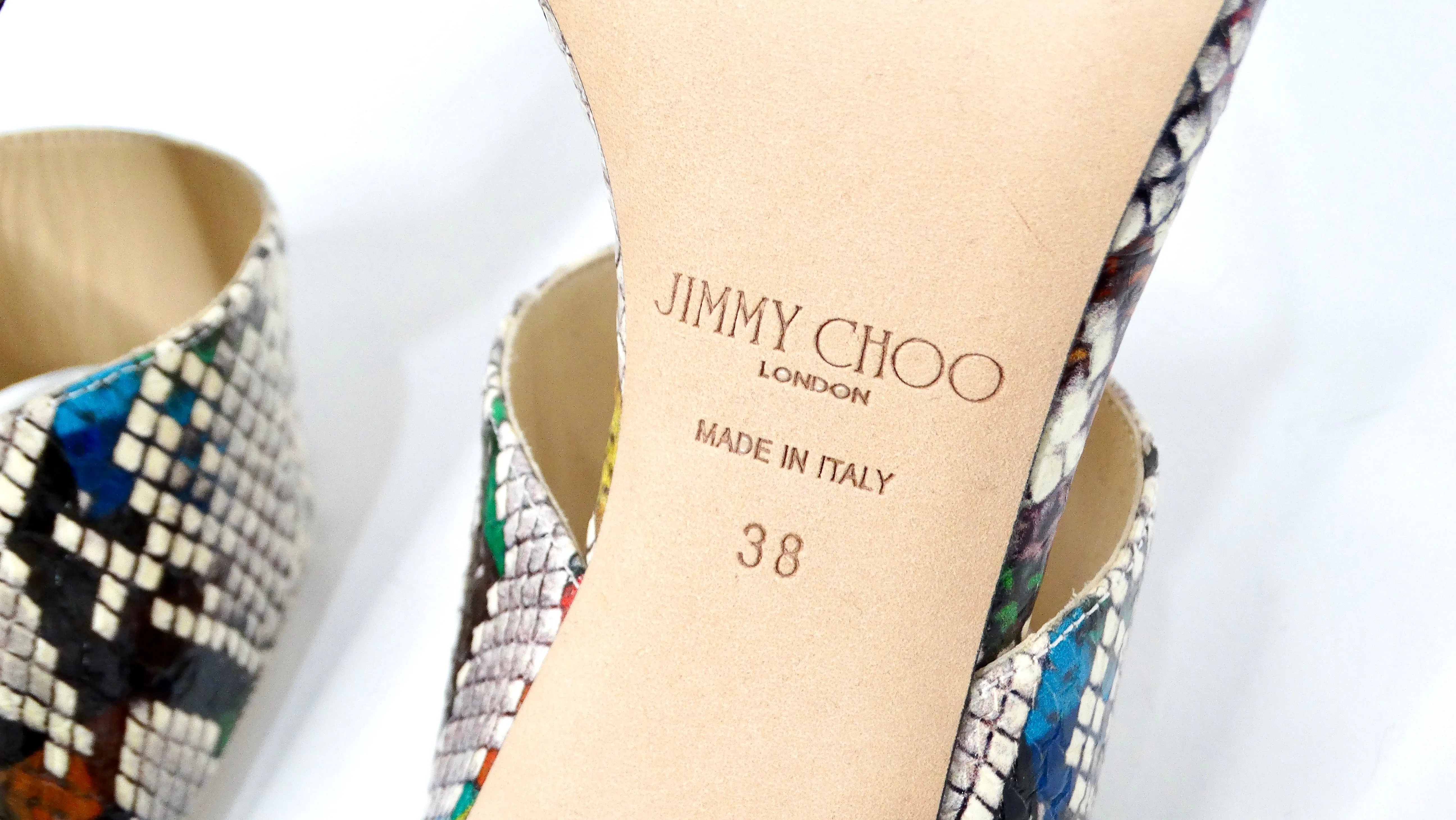 Jimmy Choo Hira Multicolor Snake Print Slide Heel Sandals