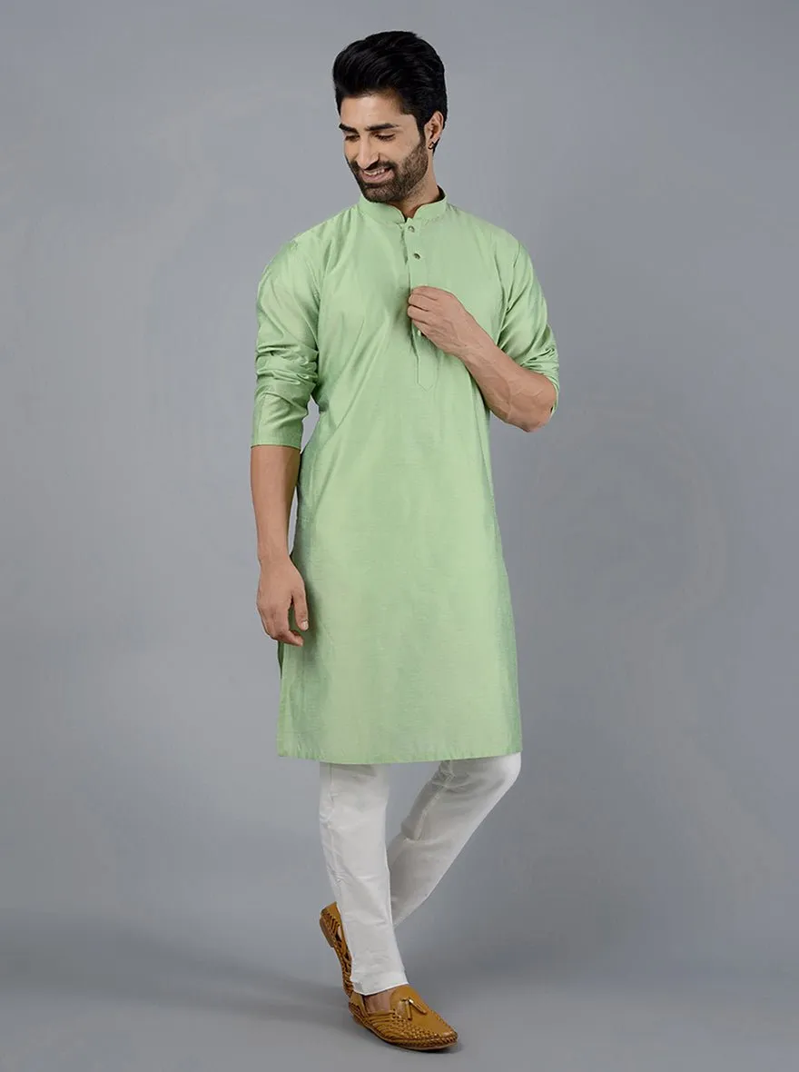 Light Leaf green Solid Cotton Blend Kurta for Men