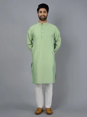 Light Leaf green Solid Cotton Blend Kurta for Men