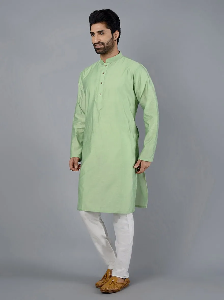 Light Leaf green Solid Cotton Blend Kurta for Men