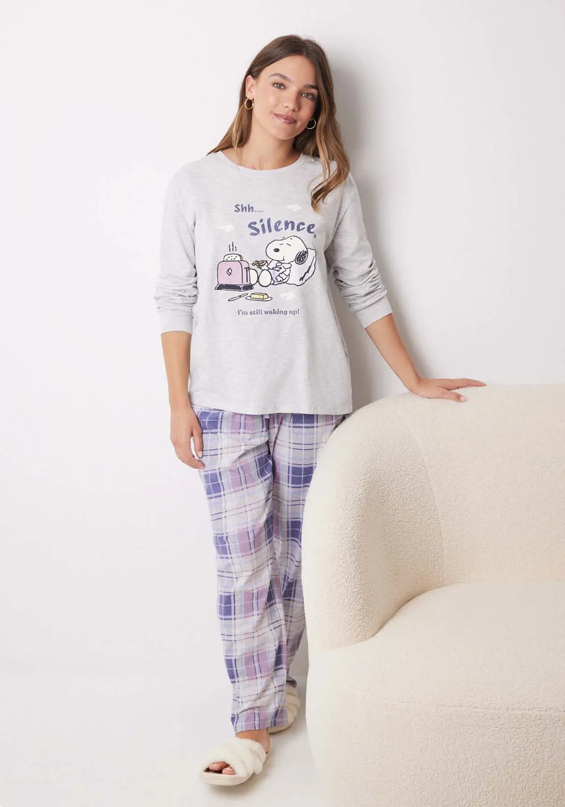 Long pajamas 100% cotton Snoopy checkered - Grey