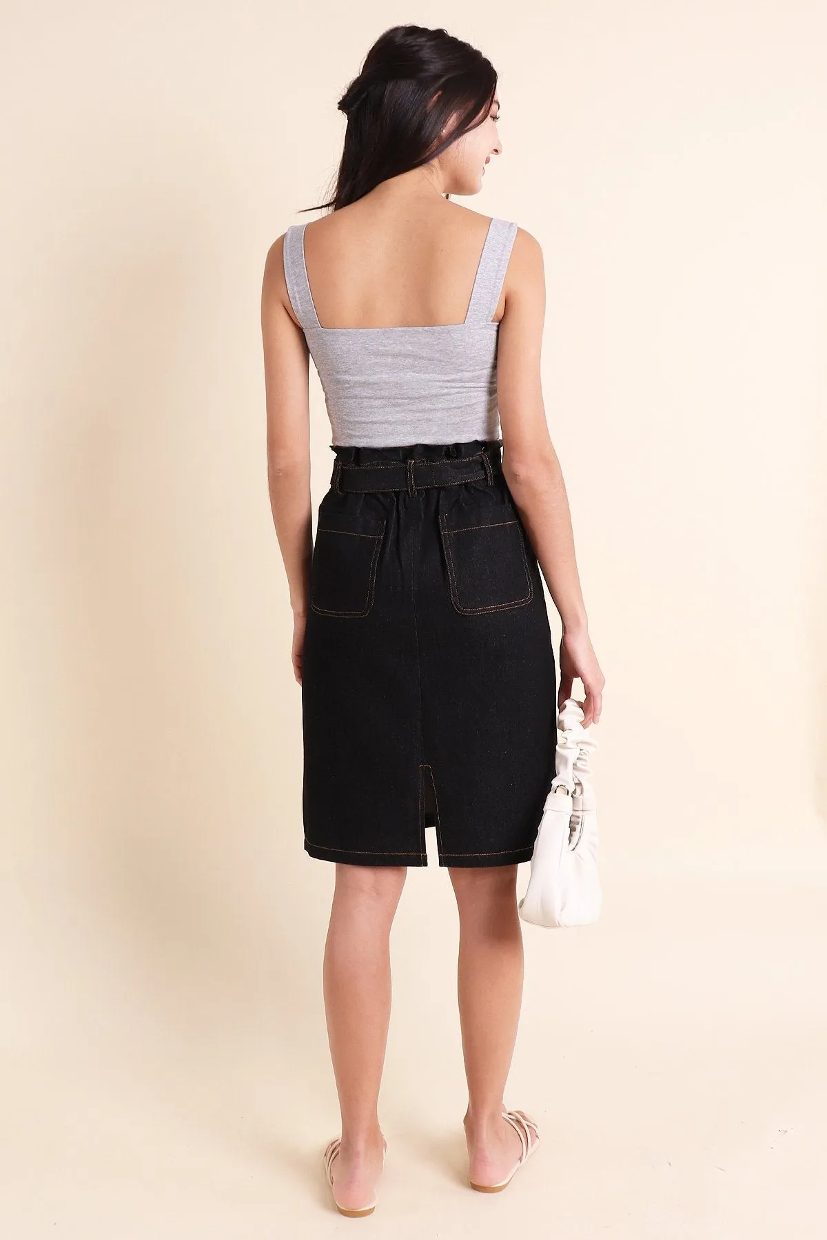 MADEBYNM ALESSIA PAPERBAG DENIM SKIRT IN BLACK [XXS/XS/S/S/M/L/XL]