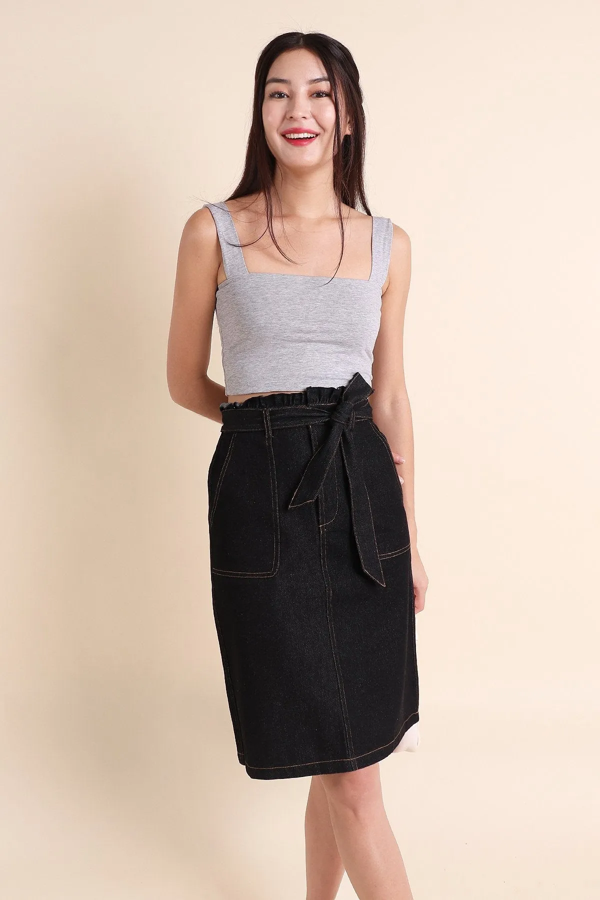 MADEBYNM ALESSIA PAPERBAG DENIM SKIRT IN BLACK [XXS/XS/S/S/M/L/XL]