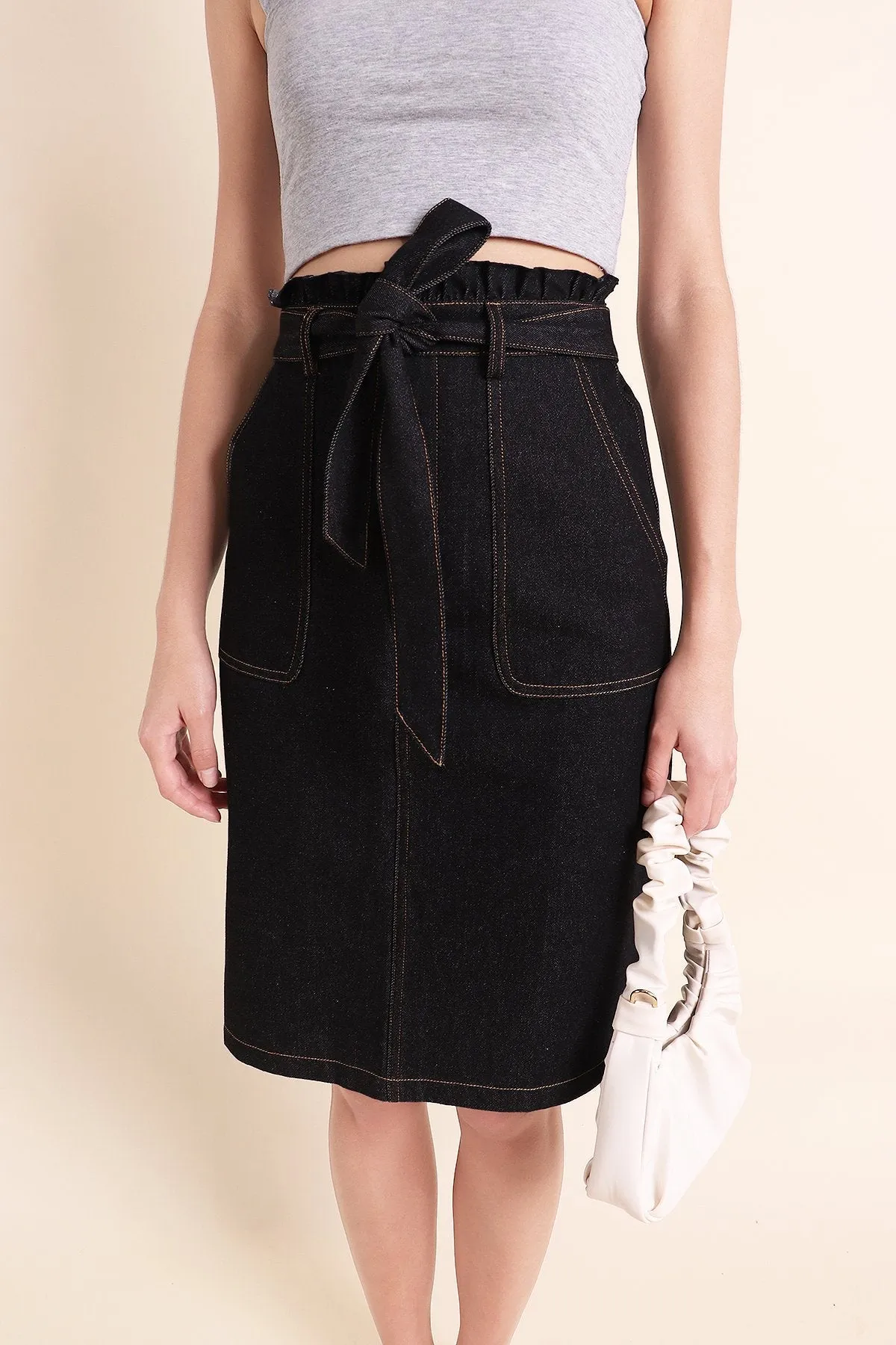 MADEBYNM ALESSIA PAPERBAG DENIM SKIRT IN BLACK [XXS/XS/S/S/M/L/XL]