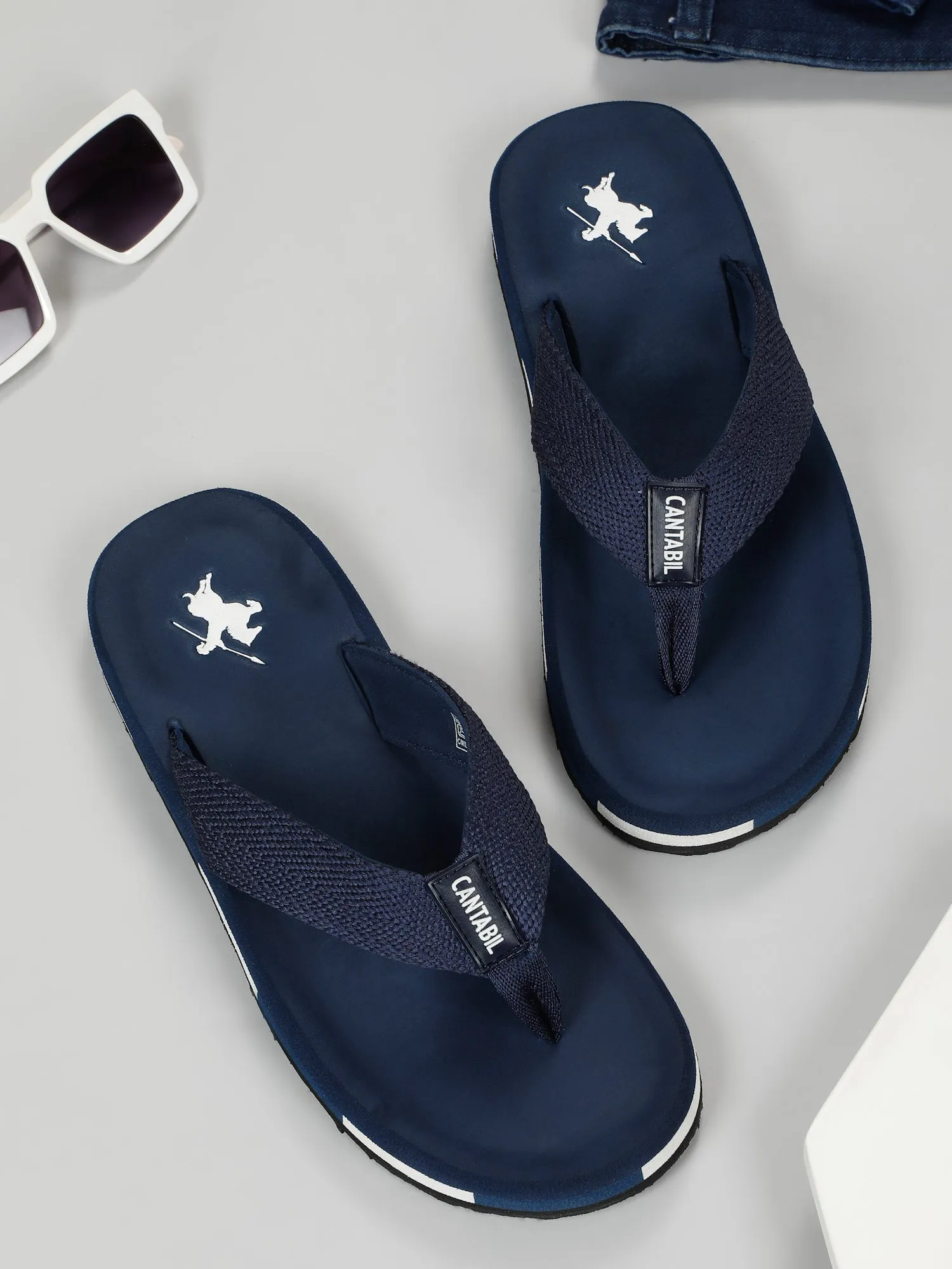 Men's Navy Blue Solid Casual Flip-Flops Slippers