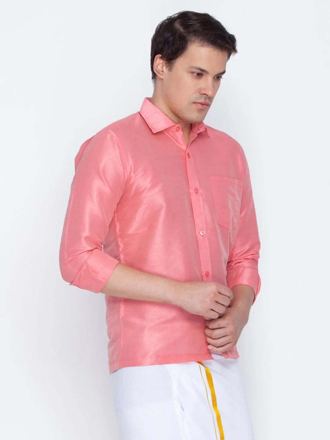 Men's Pink Cotton Silk Blend Ethnic Shirt - Vastramay