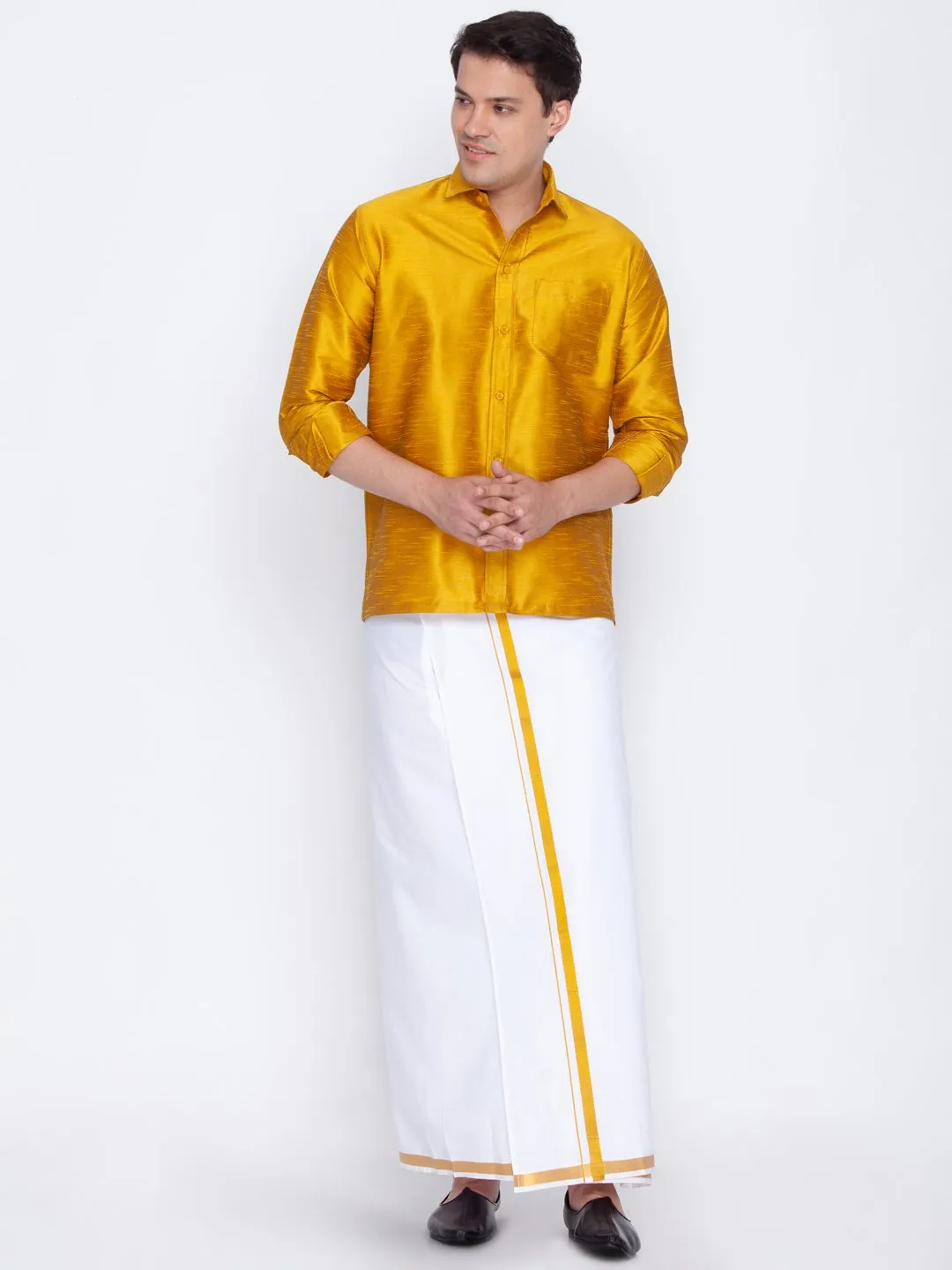 Men's Yellow Cotton Silk Blend Ethnic Shirt - Vastramay