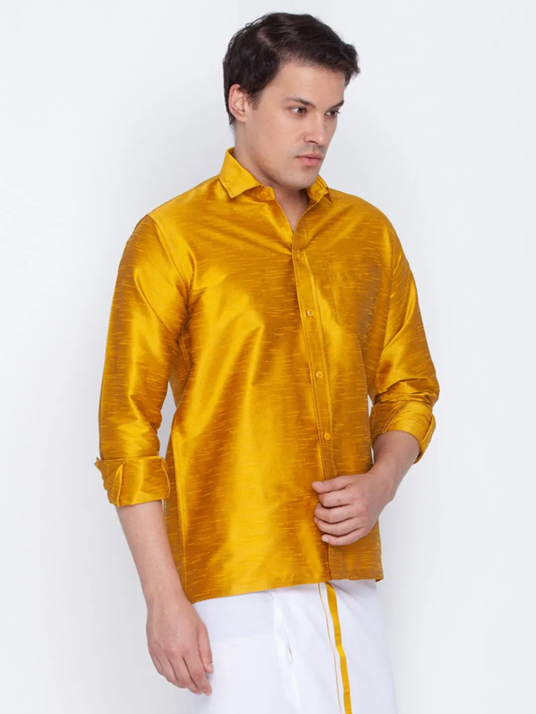 Men's Yellow Cotton Silk Blend Ethnic Shirt - Vastramay