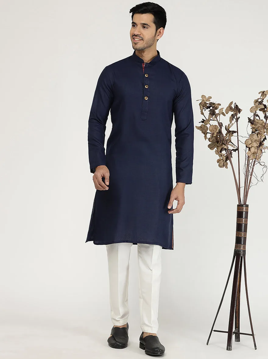 Navy Blue Solid Cotton Silk Blend Kurta for Men