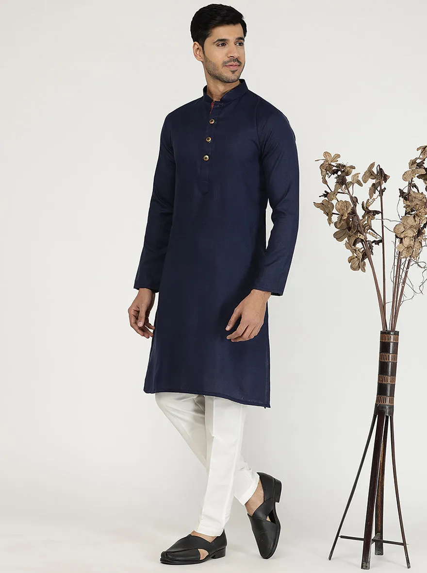 Navy Blue Solid Cotton Silk Blend Kurta for Men