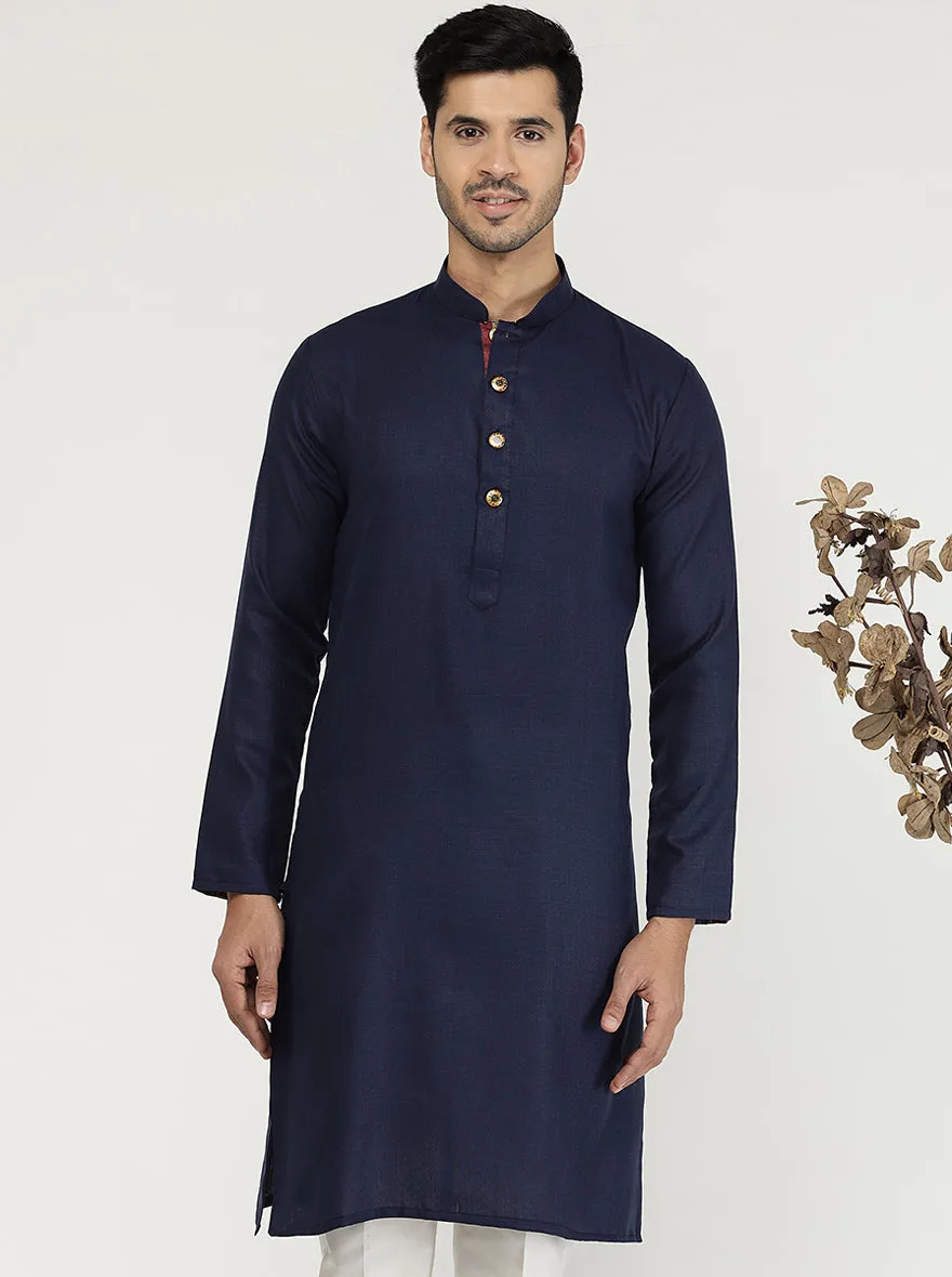 Navy Blue Solid Cotton Silk Blend Kurta for Men