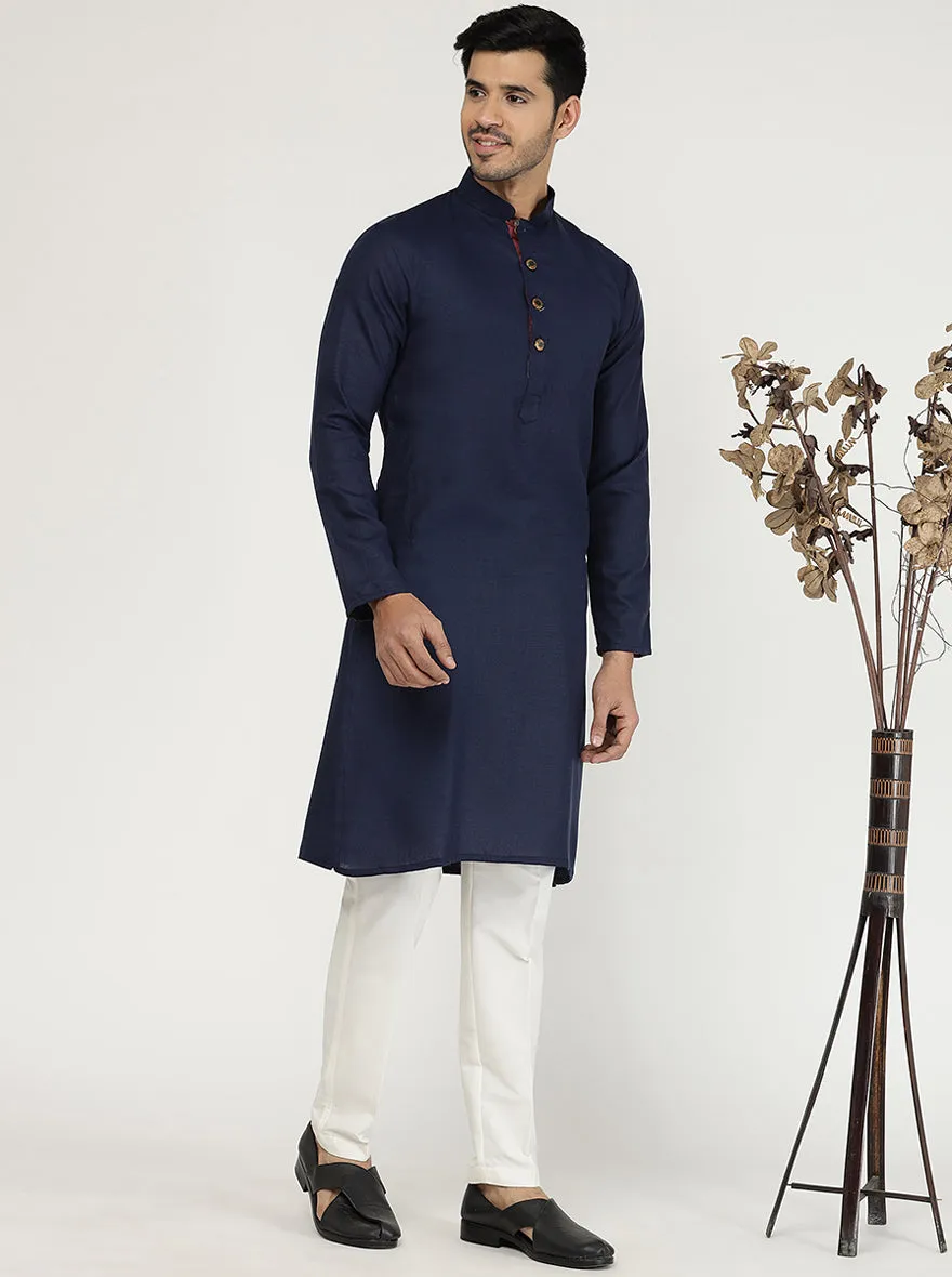 Navy Blue Solid Cotton Silk Blend Kurta for Men