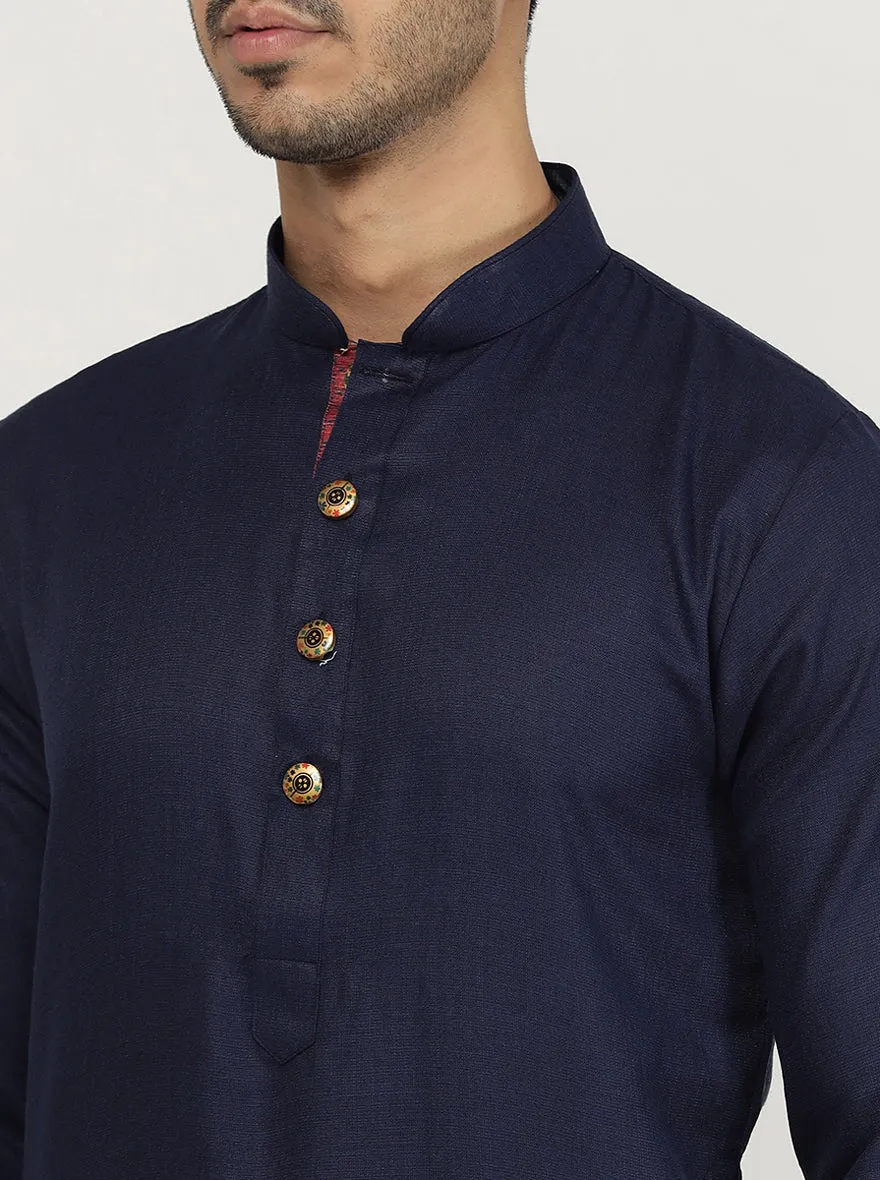 Navy Blue Solid Cotton Silk Blend Kurta for Men