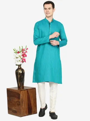 Peacock Green Printed Cotton blend Kurta for Men