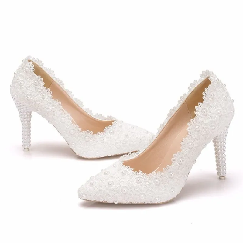 Pearl Encrusted Lace Stiletto Wedding Shoes in Large Size