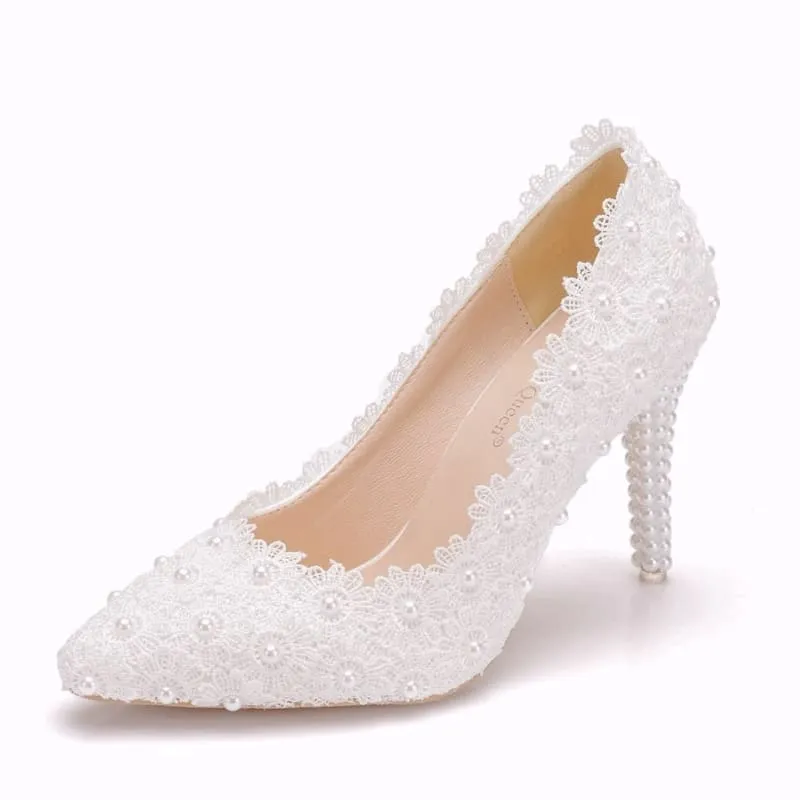 Pearl Encrusted Lace Stiletto Wedding Shoes in Large Size